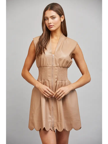 Faux Leather Smocked Waist Sleeveless Zip Front Dress