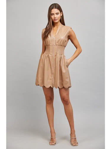 Faux Leather Smocked Waist Sleeveless Zip Front Dress
