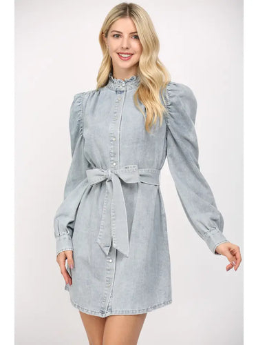 Ruffled Stand Collar Washed Denim Dress