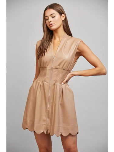 Faux Leather Smocked Waist Sleeveless Zip Front Dress
