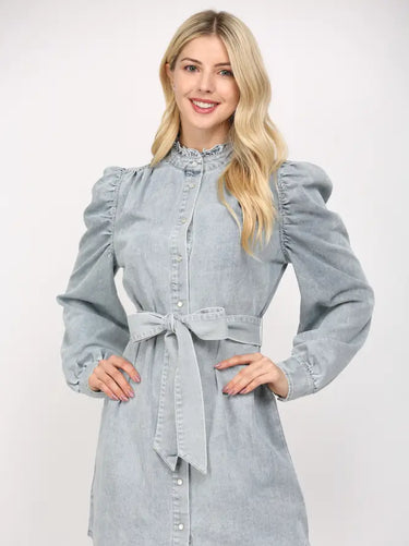 Ruffled Stand Collar Washed Denim Dress