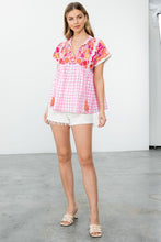 Load image into Gallery viewer, Embroidered Gingham Babydoll Top
