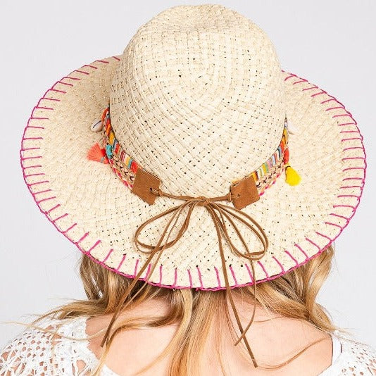 Stitch Edged Straw Sun Hat