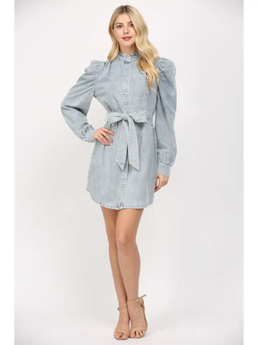 Ruffled Stand Collar Washed Denim Dress