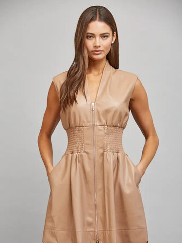 Faux Leather Smocked Waist Sleeveless Zip Front Dress