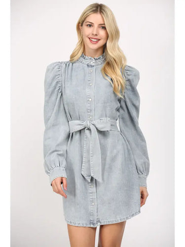 Ruffled Stand Collar Washed Denim Dress