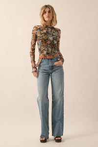 Floral Mesh Mock Neck Top