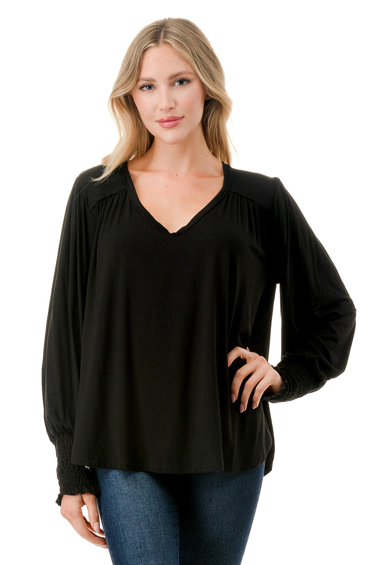 Smocked Sleeve V-Neck