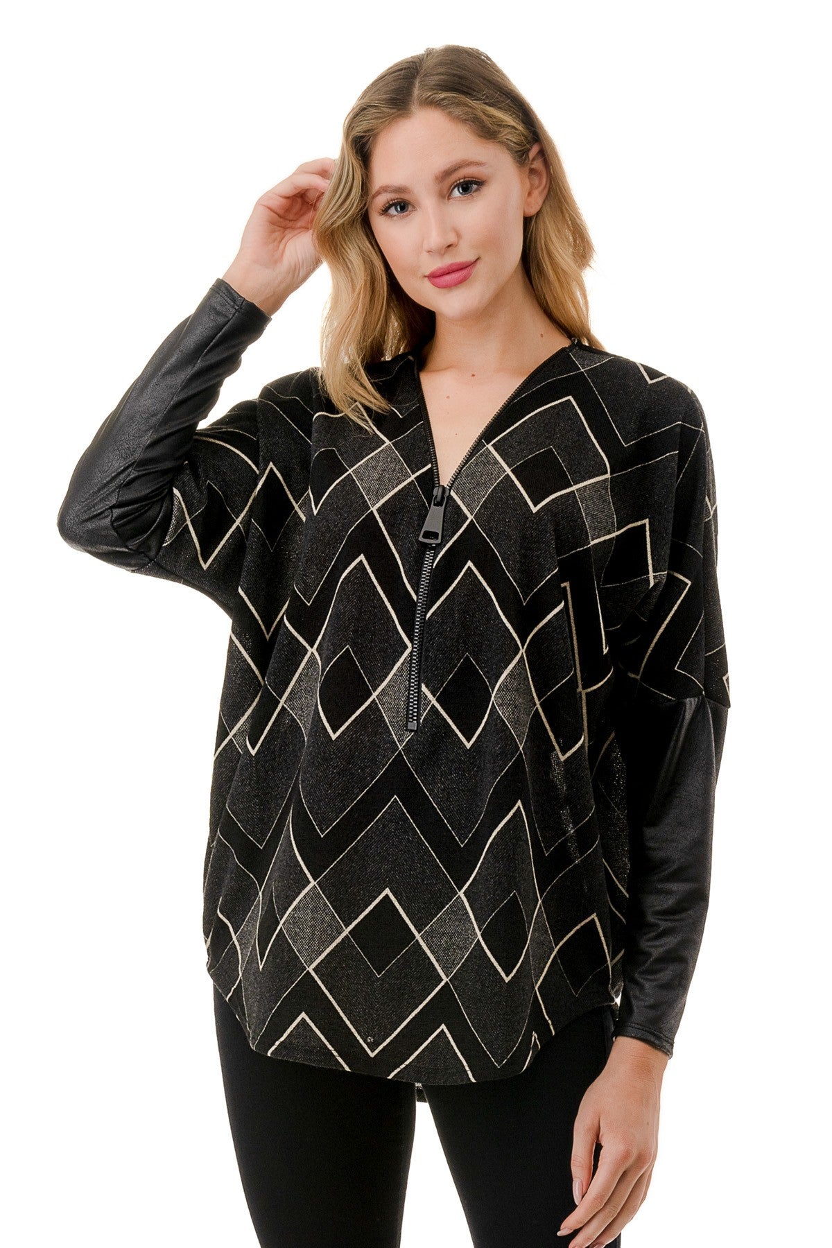 Print Vegan Sleeve Zipper Top