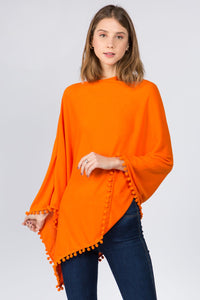 Solid Poncho With Pom Poms - OR