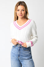 Load image into Gallery viewer, Cable V-Neck Varsity Trim Swtr
