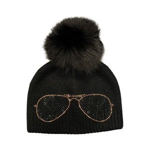 Sunglass Studded Hat With Pom Pom